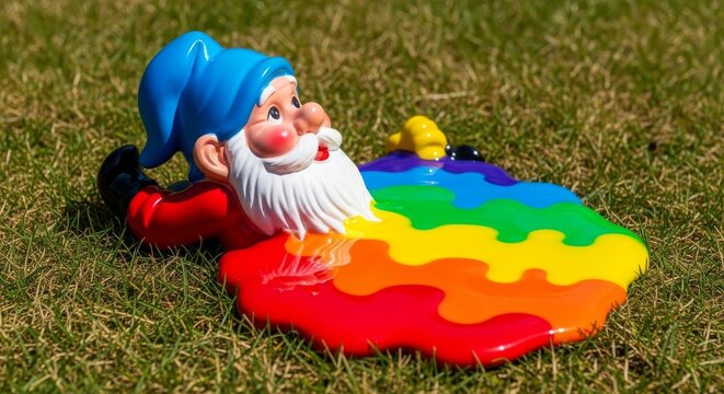 A colorful plastic garden gnome slumps and deforms under the intense heat of a bright midday sun, creating a pool of vibrant liquid on grass, colorful, scorched, artificial