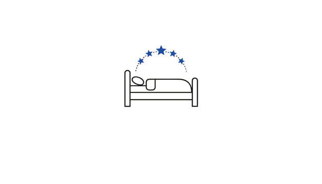 Five star hotel rating vector icon featuring a comfortable bed outline under an arc of five blue stars.