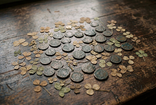 Old weathered bronze coins and dried pressed clovers scattered on a dark wooden table surface