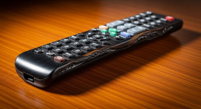 A black plastic television remote control sits on a wooden table, its outer casing noticeably bent and distorted from intense solar heat, solar, furniture, wooden