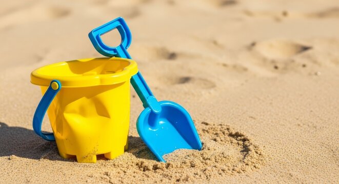 A brightly colored plastic bucket and shovel set sits on a sandy beach, visibly distorted and melted from the intense heat of the sun, melted, heat, environment