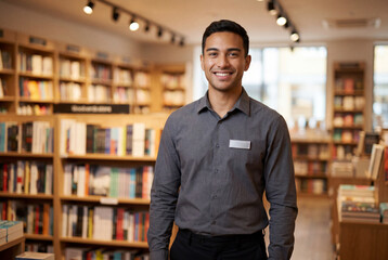 Fototapeta premium Smiling bookstore employee standing between bookshelves