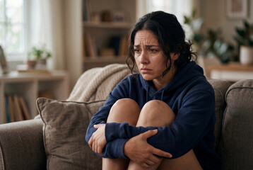 Fototapeta premium Sad young woman sitting alone on a sofa in a living room hugging her knees