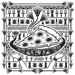 Obraz premium Ancient Egyptian Hieroglyphic Art Inspired Pizza Slice with Papyrus Texture Scarabs Ankh Symbols and Lotus Pattern in Black and White