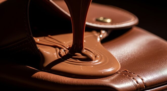 A close-up shot of a thick brown chocolate bar oozing and liquefying inside a stylish leather bag exposed to hot, bright summer sunlight, confectionery, bar, sticky
