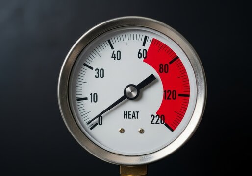 A close-up shot of an analog dial with a mechanical needle pointing towards a bright red warning area, signifying extreme heat and pressure, alert, temperature, red