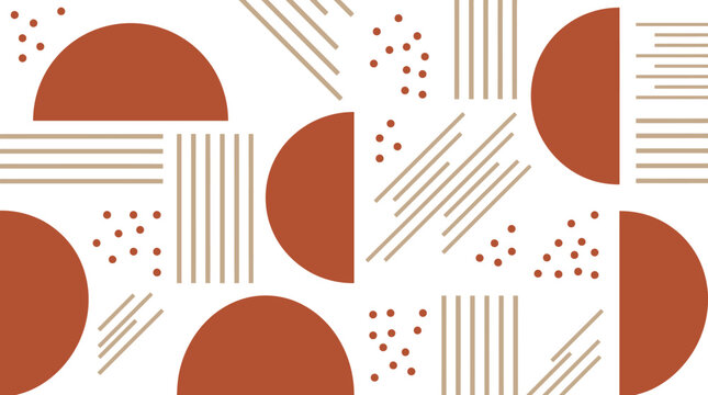 Minimalist pattern featuring terracotta semi circles and beige thin lines on white canvas.