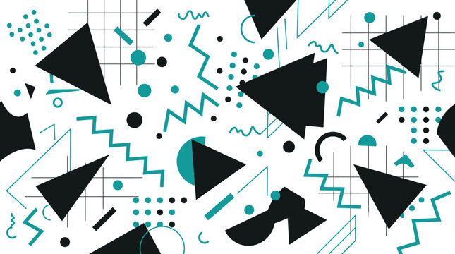 Memphis style geometric pattern with triangles and abstract shapes in dark and teal tones.