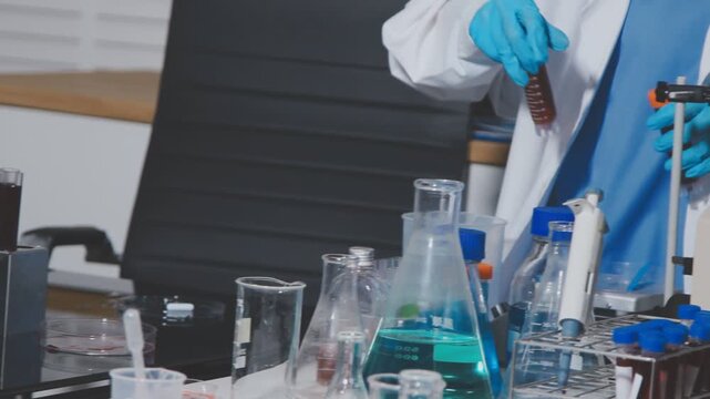 Glass vial, pipette and woman scientist in laboratory for medical study, research or experiment. Test tube, dropper and professional female person with chemical liquid for pharmaceutical innovation.