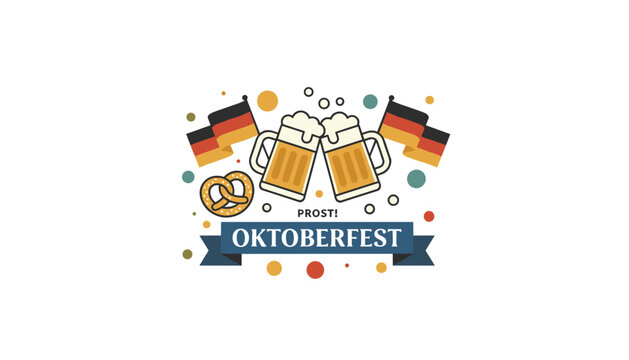 German Oktoberfest celebration poster featuring clinking beer mugs, national flags, and tasty pretzel on white background.
