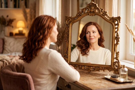 Mature woman with auburn hair gazing thoughtfully at her reflection in an ornate gold mirror