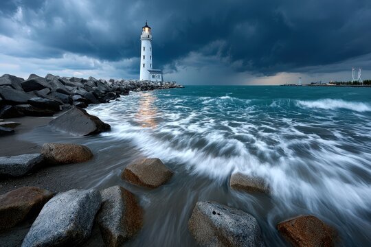 Stormy weather over lighthouse as waves crash against rocky shore at dusk