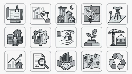 Fototapeta premium Corporate Set of 15 Minimalist Monochrome Icons Featuring Real Estate Construction Architecture and Urban Development Concepts