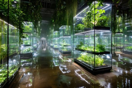 Urban greenhouse showcasing modern plant growth technology in a vibrant setting