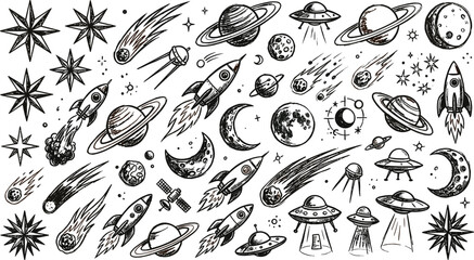 Hand drawn outer space elements set featuring sketchy rocket ships planets ufo flying saucers meteors and celestial star doodles.eps © MDACHIB