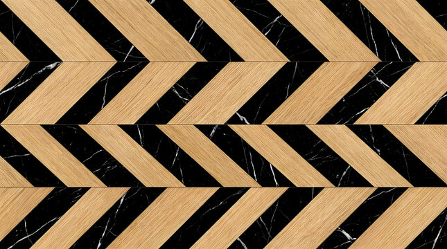Luxury chevron flooring with oak wood and black marble inlay