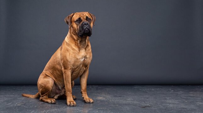 Majestic Bullmastiff dog sitting calmly in a professional studio setting against a dark gray background