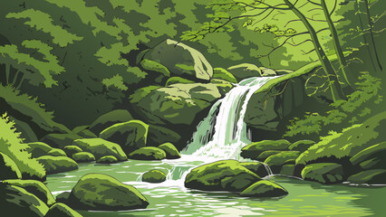 Waterfall in lush green forest with mossy rocks nature scene, waterfall © Kamruz