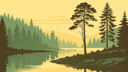 Serene landscape with coniferous forest by a lake at sunset landscape tranquil © Kamruz