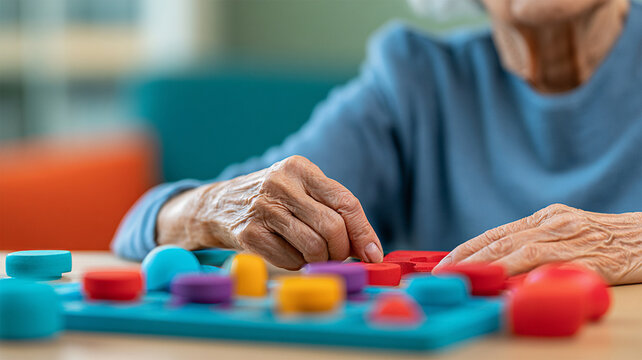 Senior adult improving cognitive skills with a colorful puzzle game, promoting brain training, memory care, and healthy aging