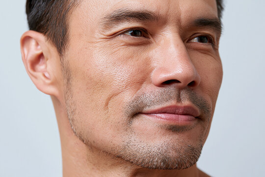 Asian man close up clinical macro portrait showing jawline skin texture, stubble, fine lines and natural expression conveying calm confidence