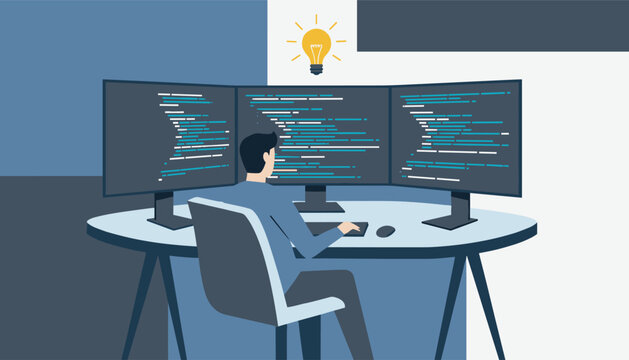 Digital developer or computer programmer working on multiple monitors with code in a dark blue room interior.