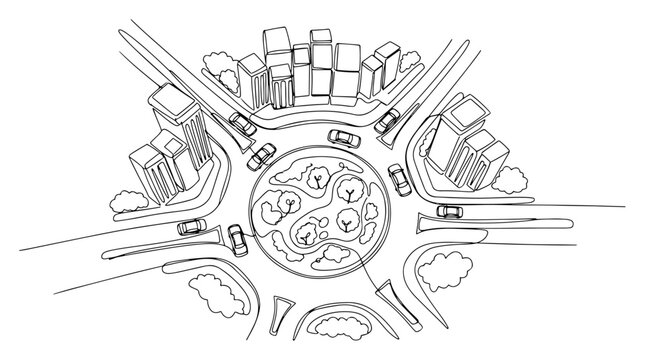 Roundabout traffic circle in urban city area with cars and buildings in continuous line drawing style