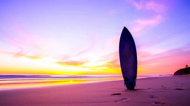 Surfboard silhouette standing in sand beside glowing sunset over quiet beach, wet shoreline reflecting vivid sky colors, distant horizon, soft clouds, calm coastal mood, minimal composition
