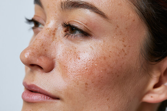 Close up of woman with natural freckled skin and visible pores showing realistic texture and subtle makeup, conveying confidence and skincare authenticity
