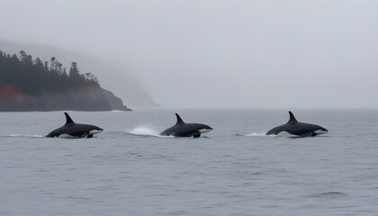 Fototapeta premium A pod of orcas breaching in unison off a rugged coastline, bright overcast light