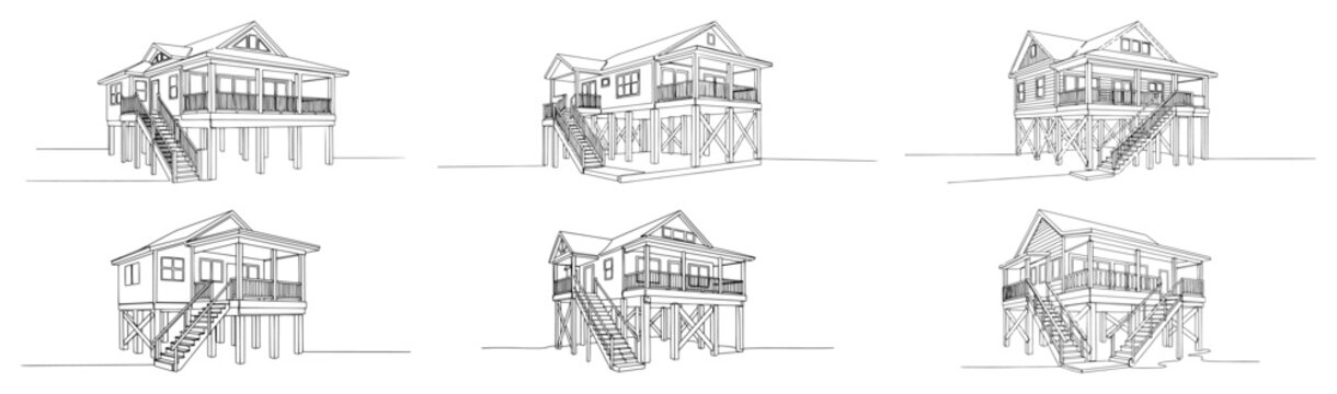 Beach stilt houses and elevated coastal cabins in continuous line drawing style