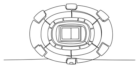 Sports stadium aerial view showing soccer field and stands in continuous line style © Alicja