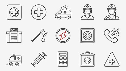 Fototapeta premium Set of medical and emergency service line art icons with first aid, emergency