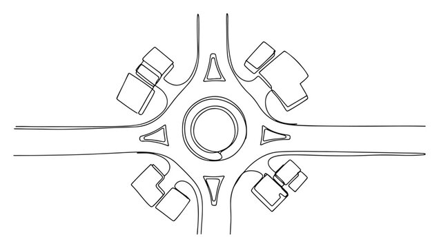 Roundabout traffic junction from top view perspective in continuous line drawing style
