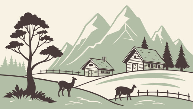 Mountain valley landscape with llamas grazing near rustic farm cabins, mountain