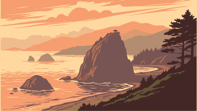 Coastal sea stack landscape at sunset with pine trees landscape mountains