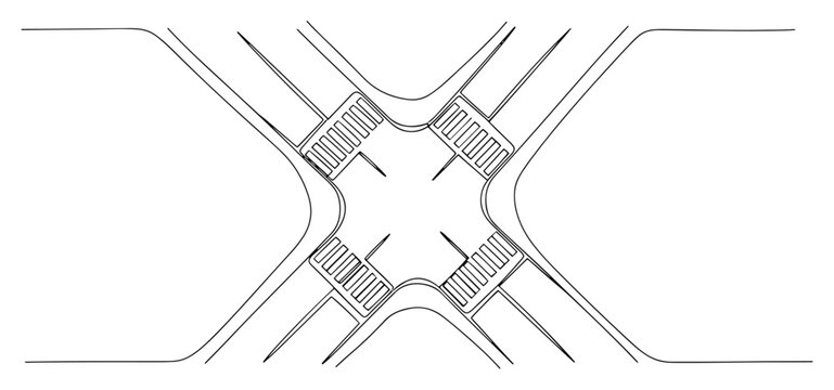 Crossroads intersection with pedestrian crosswalks in continuous one line art style