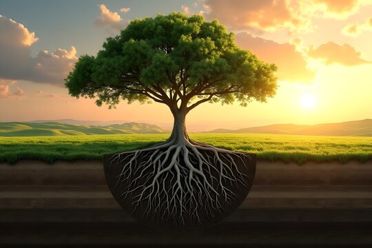 Strong Tree Above Rich Soil with Dense Root Network
