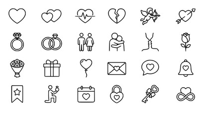 Fototapeta premium Professional Love Outline Icon Pack with Heart, Wedding, Couple and Valentine Editable Stroke Icons