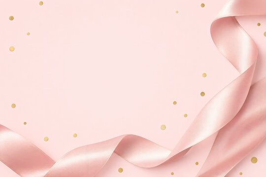 Elegant pink satin ribbon frame on pastel background, luxury silk fabric border with gold confetti, feminine decorative backdrop for wedding invitations