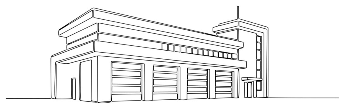Modern industrial building with multiple garage roller doors in continuous line style