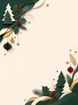 Elegant paper cut Christmas background with pine trees, festive winter holiday border with gold stars and ornaments, minimalist 3D craft paper seasonal frame