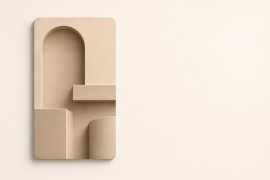 Minimalist geometric podium with arch and 3D shapes, beige monochrome product display stage, architectural aesthetic background for cosmetics