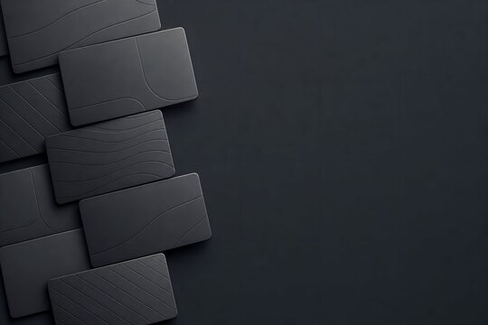 Minimalist black business cards mockup, premium matte dark stationery set, elegant corporate branding identity template with copy space