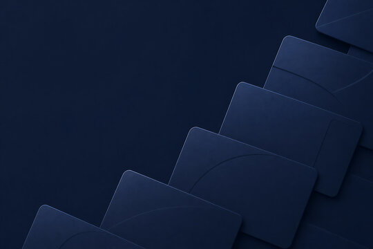 Navy blue bank cards in diagonal row, premium credit card mockup on dark background, luxury matte plastic debit cards for financial branding
