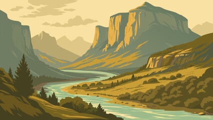 Scenic mountain river valley illustration at sunset with mountain, landscape © jamal