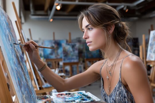Artist painting on canvas in studio