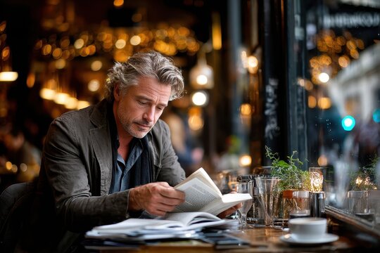 Man reading a book while sitting at a cozy cafe table near a large window