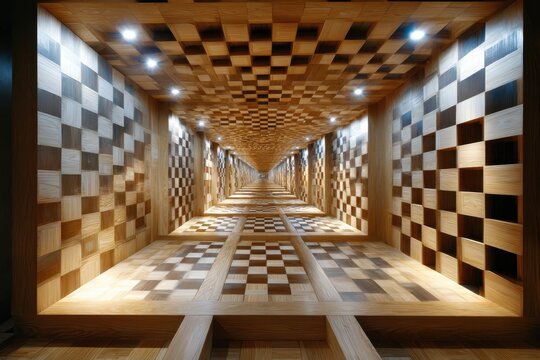 Wooden corridor with checkerboard pattern creates optical illusion in modern design space