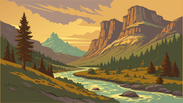 Dramatic sunset mountain landscape with winding river and pine forest, mountain